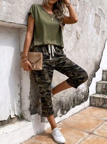 EMERY ROSE Batwing Sleeve Tee & Camo Print Drawstring Waist Trousers - Army Green - View 4