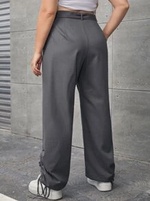 SHEIN EZwear Plus High Waist Slant Pocket Drawstring Hem Pants - Dark Grey - View 3