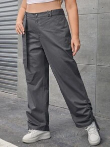 SHEIN EZwear Plus High Waist Slant Pocket Drawstring Hem Pants - Dark Grey - View 4