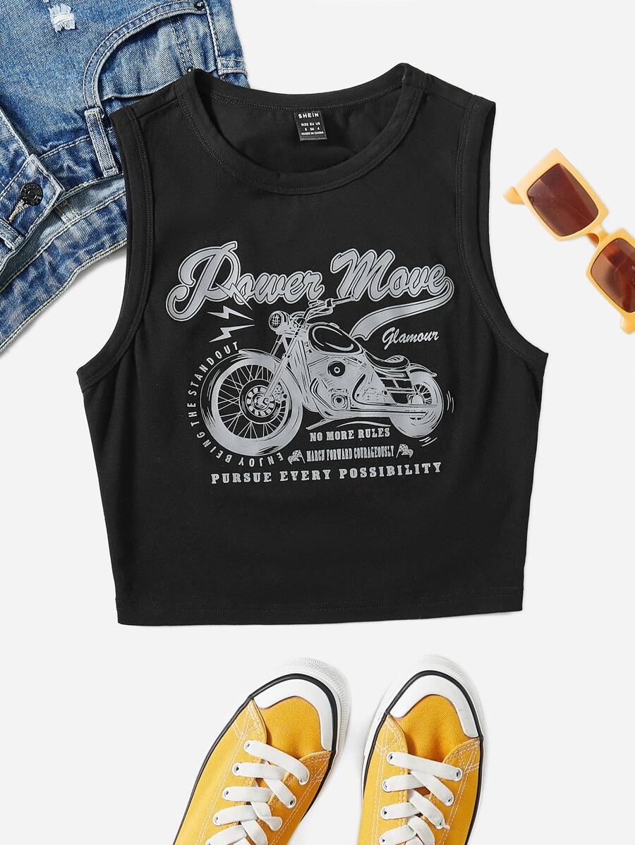 SHEIN EZwear Áo hai dây Đồ họa Slogan Giải trí - màu đen - Xem 1