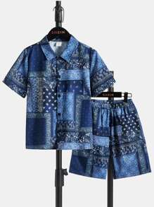 SHEIN Bộ hai mảnh Trai Nút phía trước Paisley Họa tiết khăn Boho - Nhiều màu - Xem 1