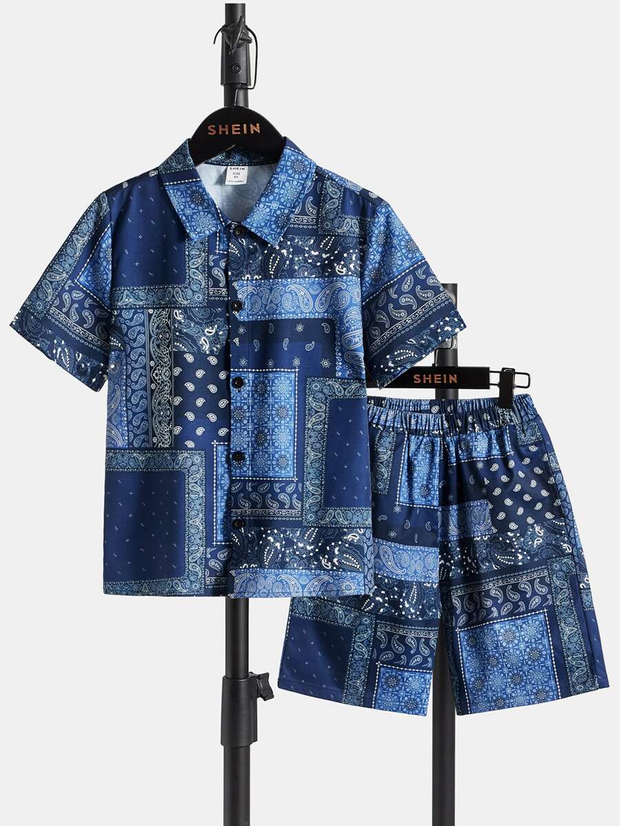 SHEIN Bộ hai mảnh Trai Nút phía trước Paisley Họa tiết khăn Boho - Nhiều màu - Xem 1