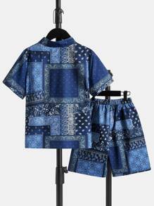 SHEIN Bộ hai mảnh Trai Nút phía trước Paisley Họa tiết khăn Boho - Nhiều màu - Xem 4
