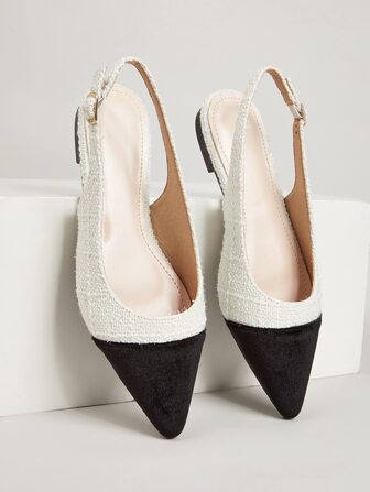 Fall/Winter Women Two Tone Point Toe Flats, Elegant Tweed Slingback Flats