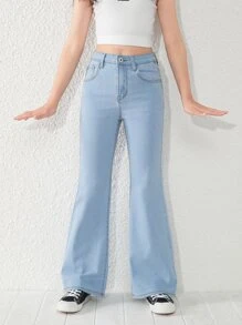 Tween Girl New Casual And Fashionable Light Blue Washed Denim Flared Jeans With Fringe Hem - Light Wash - View 1
