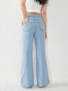 Tween Girl New Casual And Fashionable Light Blue Washed Denim Flared Jeans With Fringe Hem - Light Wash - View 2