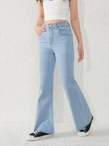 Tween Girl New Casual And Fashionable Light Blue Washed Denim Flared Jeans With Fringe Hem - Light Wash - View 3