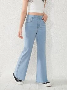 Tween Girl New Casual And Fashionable Light Blue Washed Denim Flared Jeans With Fringe Hem - Light Wash - View 4
