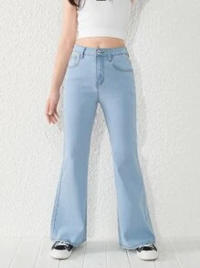 Tween Girl New Casual And Fashionable Light Blue Washed Denim Flared Jeans With Fringe Hem - Light Wash - View 5