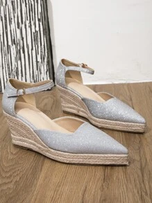 女士尖頭踝帶度假銀金屬亮絲淺口坡跟鞋