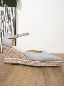 女士尖頭踝帶度假銀金屬亮絲淺口坡跟鞋