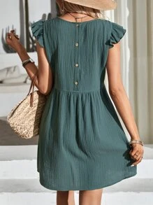 SHEIN Frenchy Đầm Nút Xù màu trơn Dễ thương - Màu xanh lá cây đậm - Xem 3