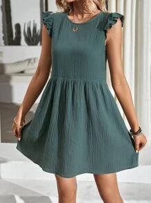 SHEIN Frenchy Đầm Nút Xù màu trơn Dễ thương - Màu xanh lá cây đậm - Xem 6