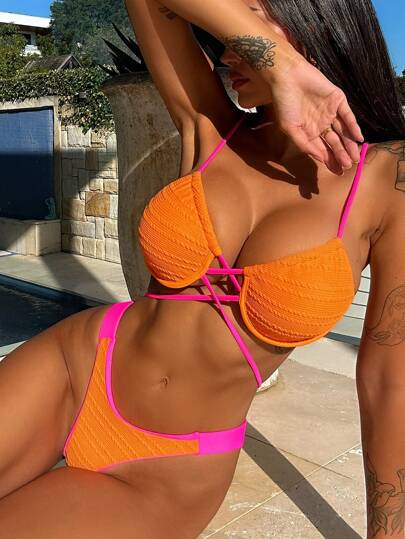 Swim SXY Summer Beach Contrast Binding Underwire Bikini Set Bathing Suit