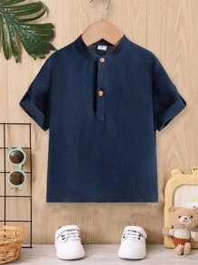 SHEIN 小男童半排扣捲邊袖小高領襯衫 - 藏蓝色 - 查看 1