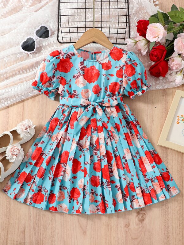 Niñitas Vestido con estampado floral de manga farol fruncido