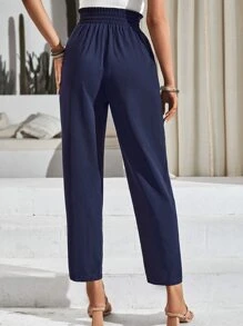 SHEIN Frenchy Paperbag Waist Knot Front Trousers - Navy Blue - View 2