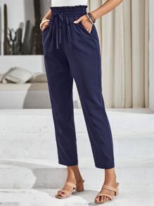 SHEIN Frenchy Paperbag Waist Knot Front Trousers - Navy Blue - View 3