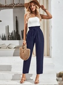SHEIN Frenchy Paperbag Waist Knot Front Trousers - Navy Blue - View 4