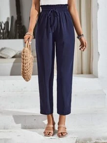 SHEIN Frenchy Paperbag Waist Knot Front Trousers - Navy Blue - View 5