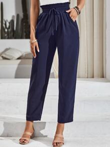 SHEIN Frenchy Paperbag Waist Knot Front Trousers - Navy Blue - View 6