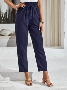 SHEIN Frenchy Paperbag Waist Knot Front Trousers - Navy Blue - View 7