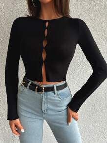 EURMUSE Cut Out Front Crop Tee - Black - View 1