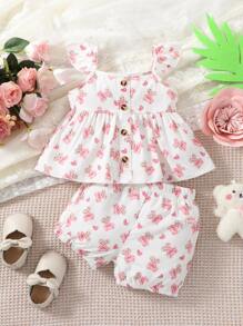 SHEIN 嬰兒熊和愛心圖案荷葉邊花邊下擺上衣和短褲 - 白色 - 查看 1