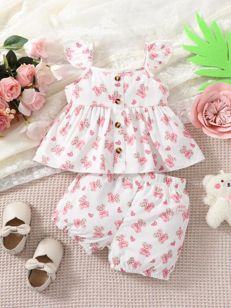 SHEIN 嬰兒熊和愛心圖案荷葉邊花邊下擺上衣和短褲 - 白色 - 查看 1