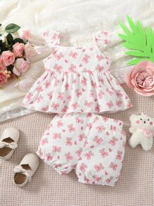 SHEIN 嬰兒熊和愛心圖案荷葉邊花邊下擺上衣和短褲 - 白色 - 查看 2