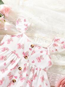 SHEIN 嬰兒熊和愛心圖案荷葉邊花邊下擺上衣和短褲 - 白色 - 查看 3