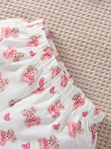 SHEIN 嬰兒熊和愛心圖案荷葉邊花邊下擺上衣和短褲 - 白色 - 查看 4