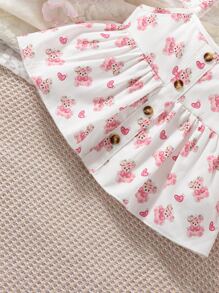SHEIN 嬰兒熊和愛心圖案荷葉邊花邊下擺上衣和短褲 - 白色 - 查看 5