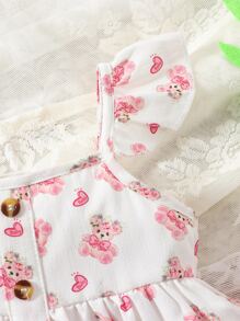 SHEIN 嬰兒熊和愛心圖案荷葉邊花邊下擺上衣和短褲 - 白色 - 查看 6