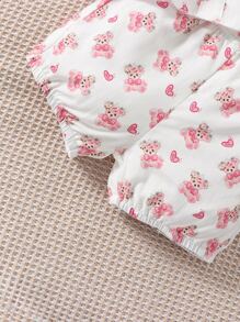 SHEIN 嬰兒熊和愛心圖案荷葉邊花邊下擺上衣和短褲 - 白色 - 查看 7