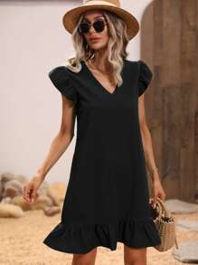 SHEIN LUNE V Neckline Ruffle Trim Smock Dress