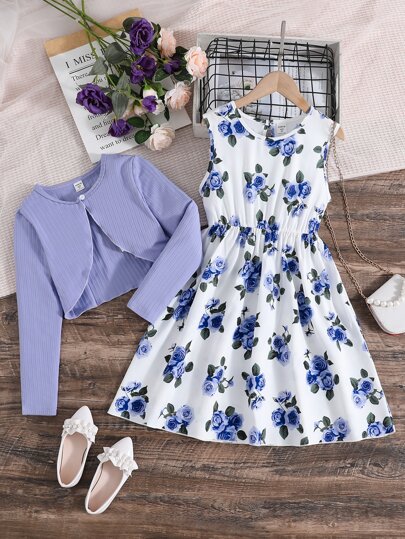 SHEIN Girls Floral Print Dress & Button Front Jacket