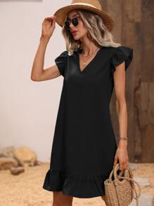 SHEIN LUNE V Neckline Ruffle Trim Smock Dress