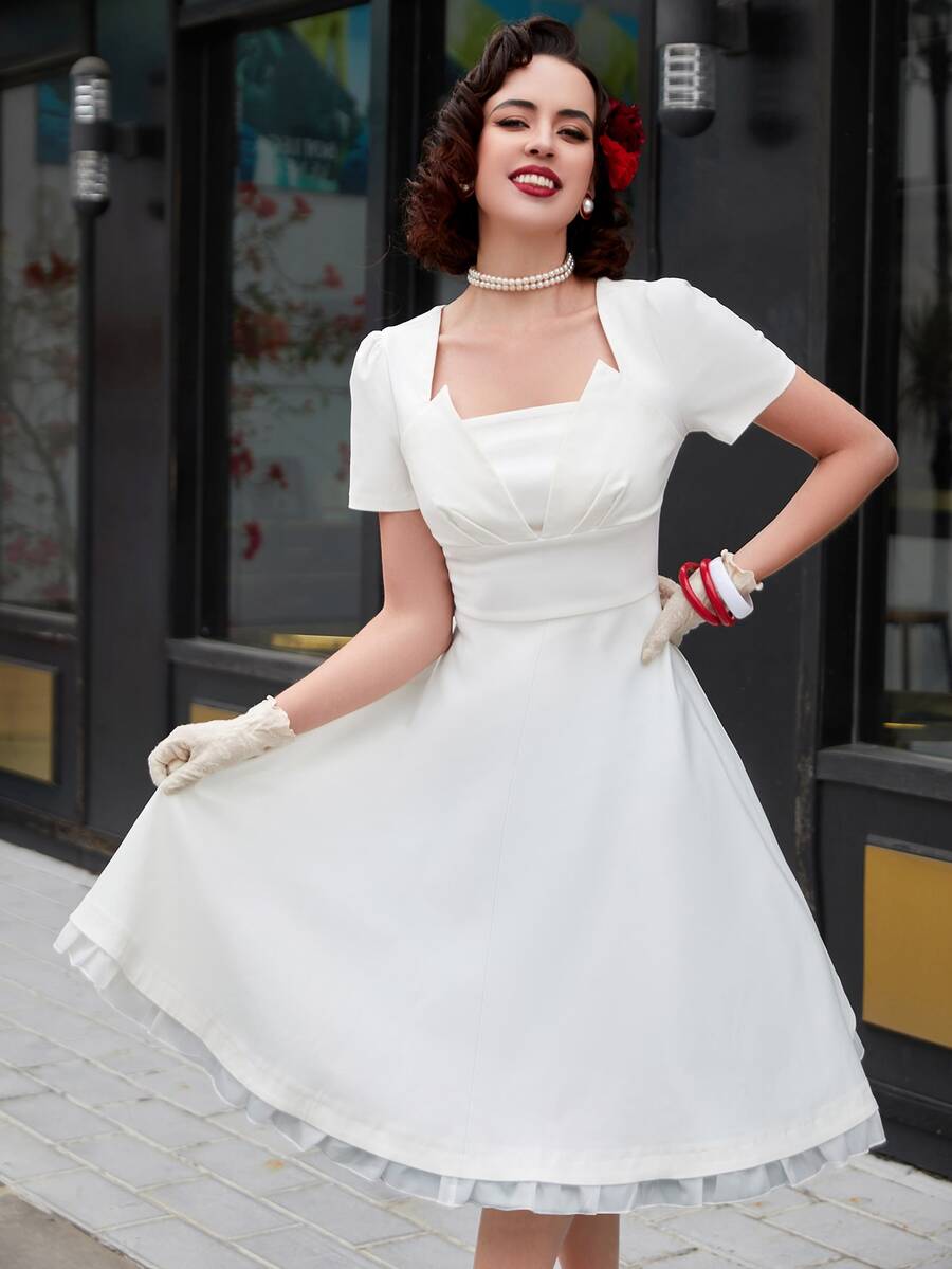 MUXXN 後拉鏈前收褶連衣裙 - 白色 - 查看 1