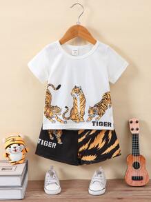 Baby Boy Tiger & Letter Graphic Tee & Shorts