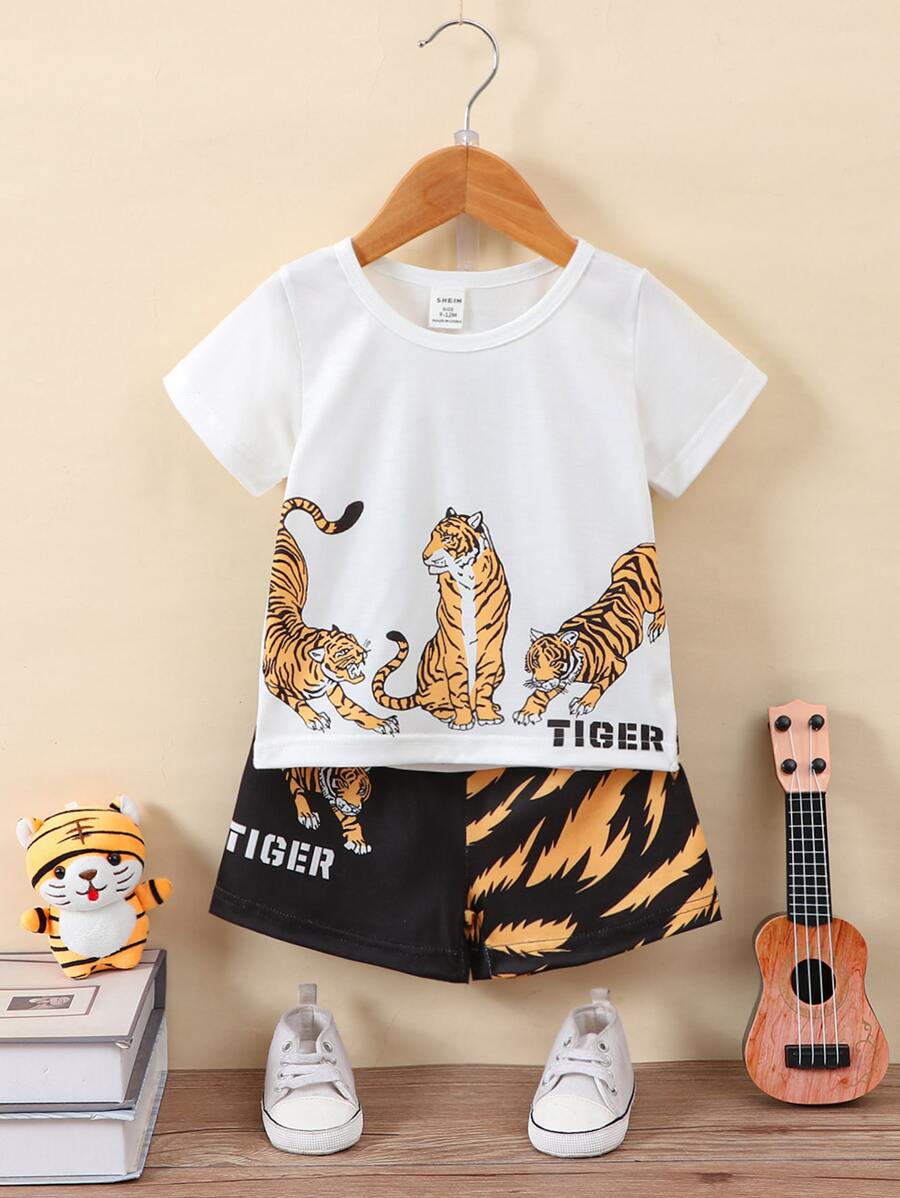Baby Boy Tiger & Letter Graphic Tee & Shorts