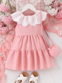 Toddler Girls Eyelet Embroidery Scallop Trim Ruffle Hem Dress - Pink - View 1