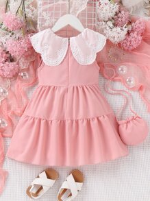 Toddler Girls Eyelet Embroidery Scallop Trim Ruffle Hem Dress - Pink - View 2
