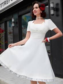 MUXXN 後拉鏈前收褶連衣裙 - 白色 - 查看 5