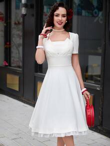 MUXXN 後拉鏈前收褶連衣裙 - 白色 - 查看 6