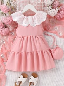 Toddler Girls Eyelet Embroidery Scallop Trim Ruffle Hem Dress - Pink - View 4