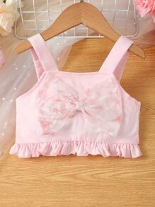 Niñitas Top de tirantes con lazo delantero bajo con fruncido & Falda con malla - Rosa Pálido - Ver 4