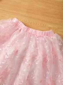 Niñitas Top de tirantes con lazo delantero bajo con fruncido & Falda con malla - Rosa Pálido - Ver 5