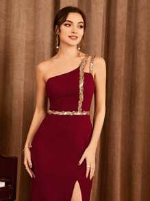 派对不对称领口撞色亮片开叉大腿伴娘礼服婚礼宾客礼服正式礼服晚礼服 - 酒紅色 - 查看 3