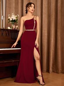 派对不对称领口撞色亮片开叉大腿伴娘礼服婚礼宾客礼服正式礼服晚礼服 - 酒紅色 - 查看 5